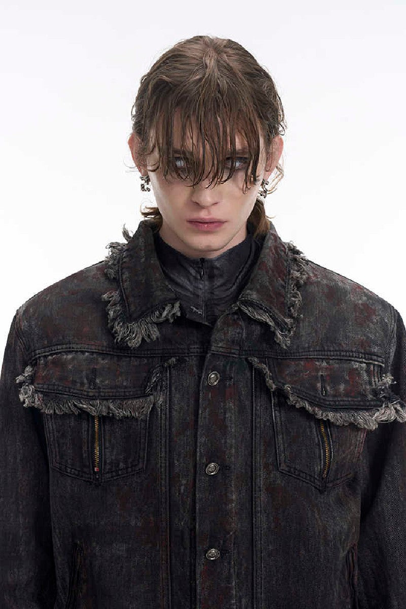 Heavyweight Distressed Frayed Patchwork Denim Jacket