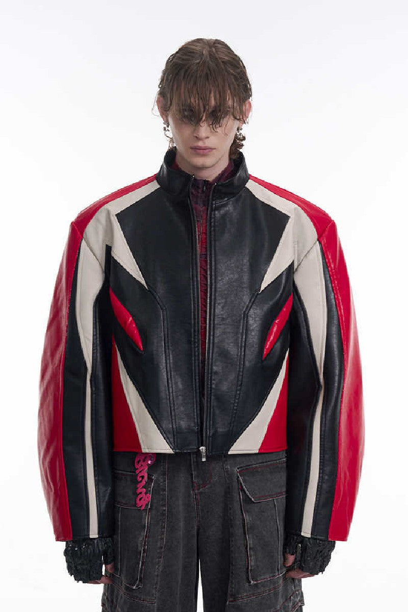 Cropped Stand Collar Patchwork Leather Jacket