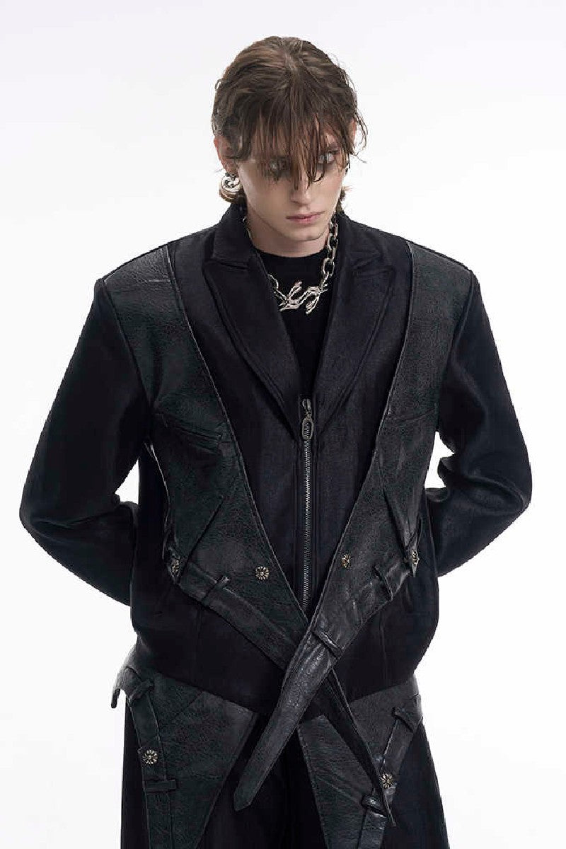 Dark Deconstructed Patchwork Zip Blazer