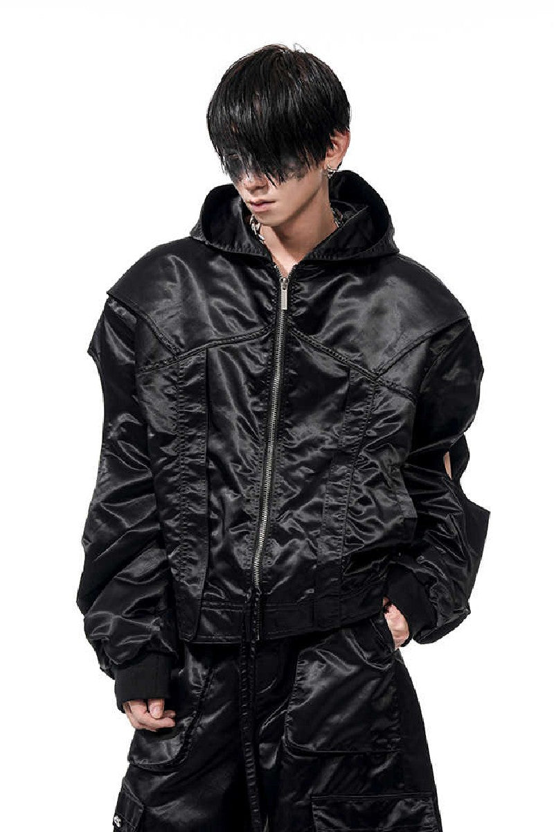 Cropped Hooded Ruched Sleeve Bomber Jacket