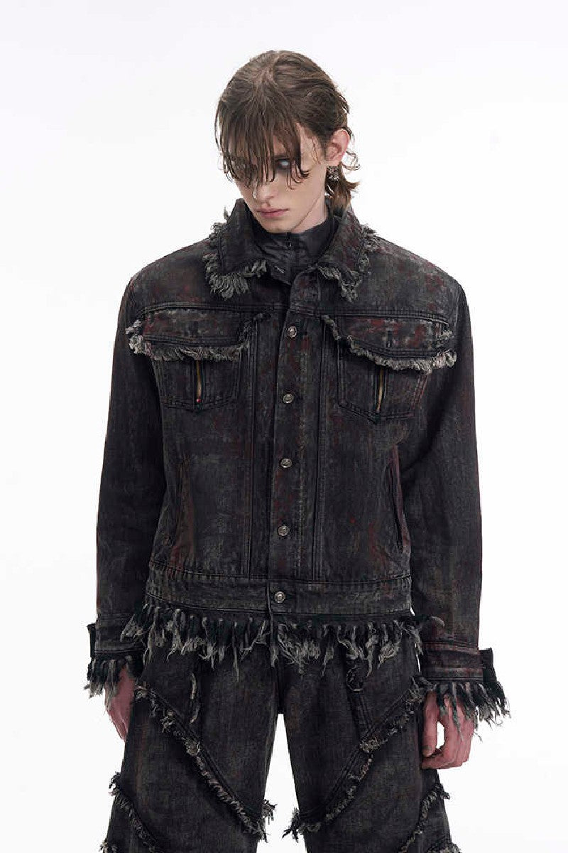 Heavyweight Distressed Frayed Patchwork Denim Jacket