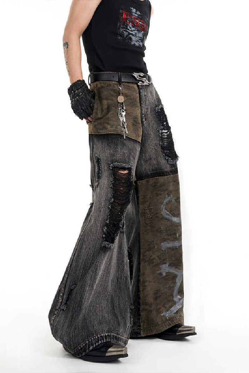 Camo Patchwork Flared Jeans