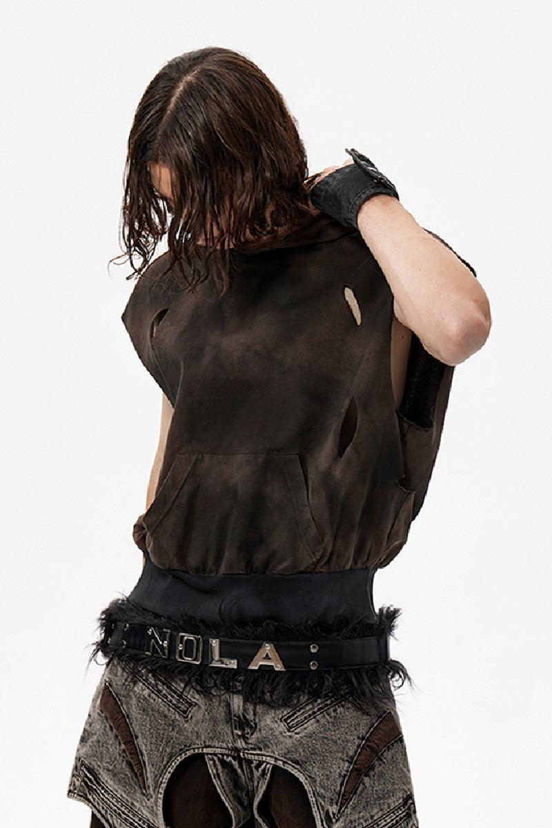 Distressed Hooded Crop Vest