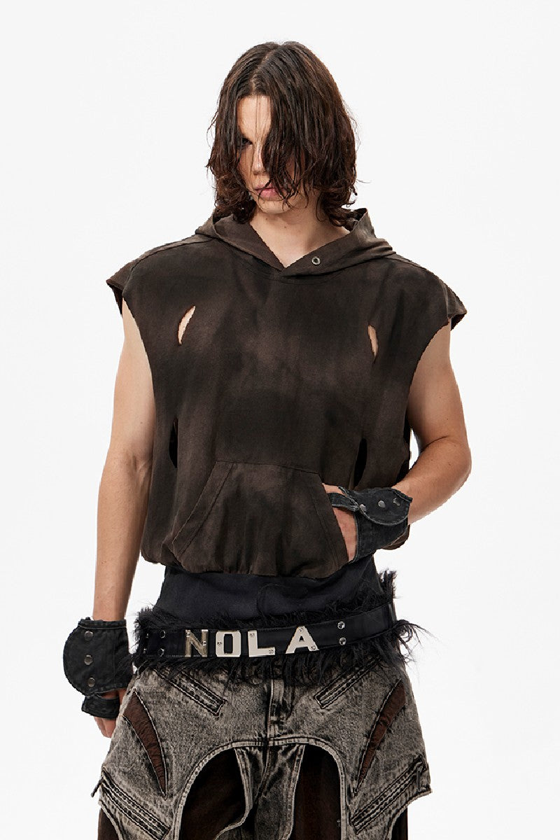 Distressed Hooded Crop Vest