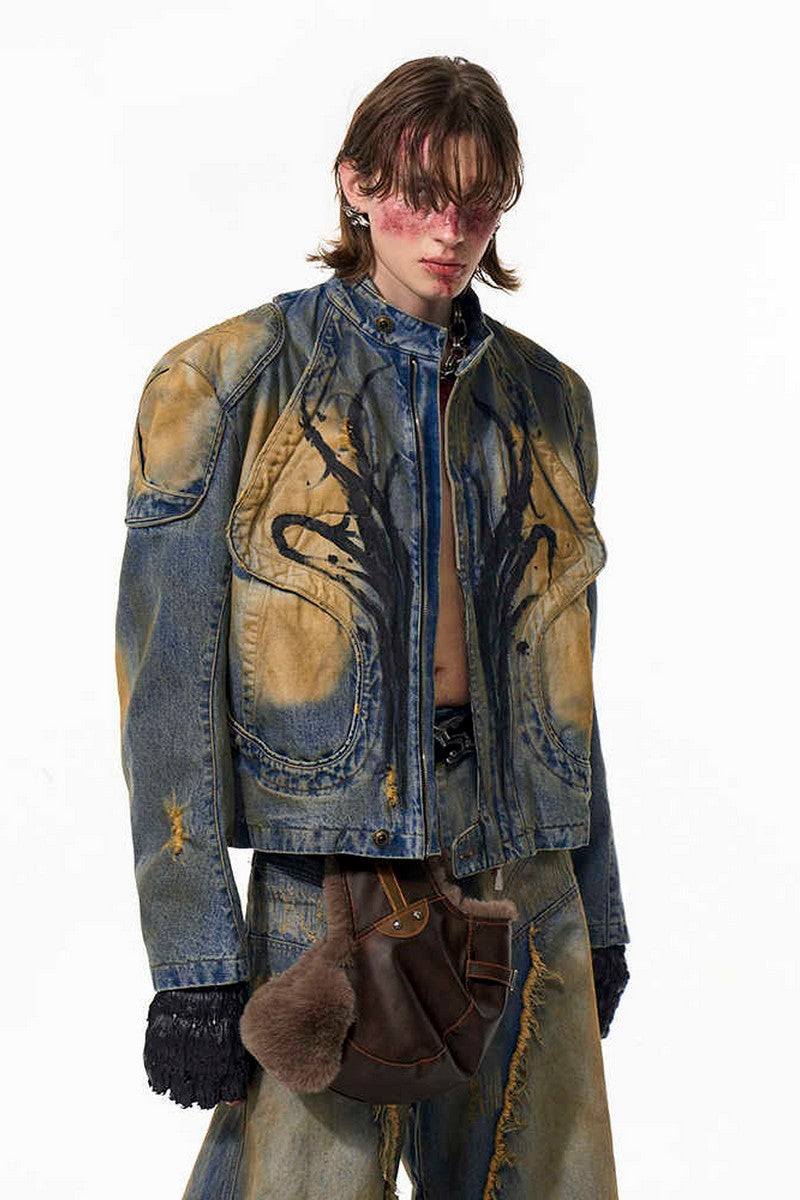 Distressed Hand-Painted Structured Denim Jacket