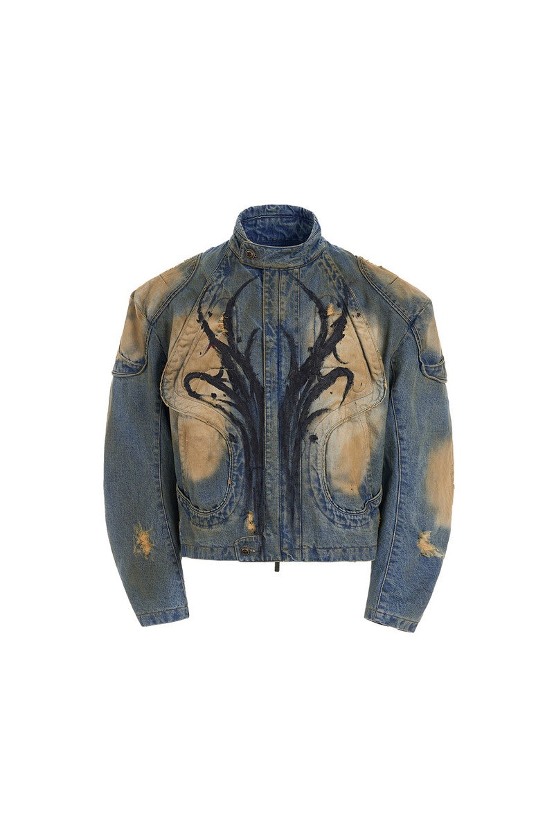 Distressed Hand-Painted Structured Denim Jacket