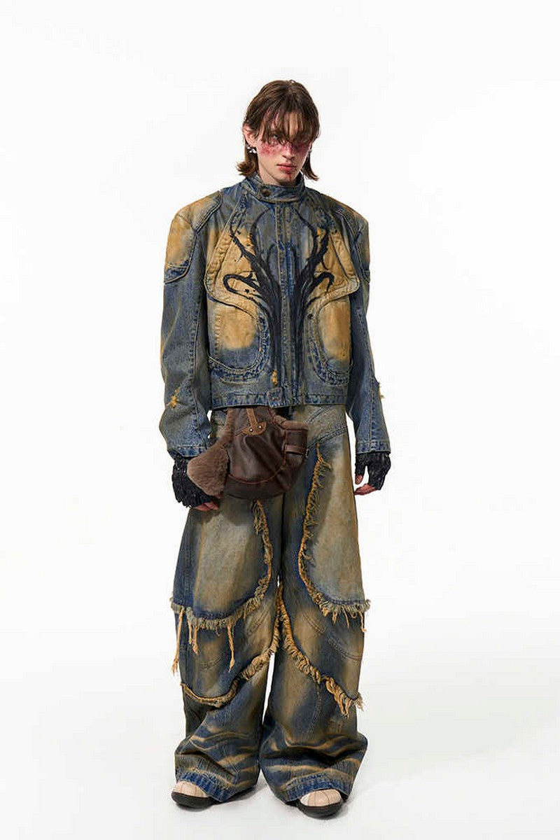 Distressed Hand-Painted Structured Denim Jacket