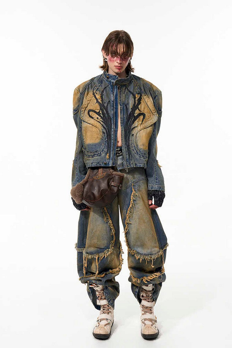 Distressed Hand-Painted Structured Denim