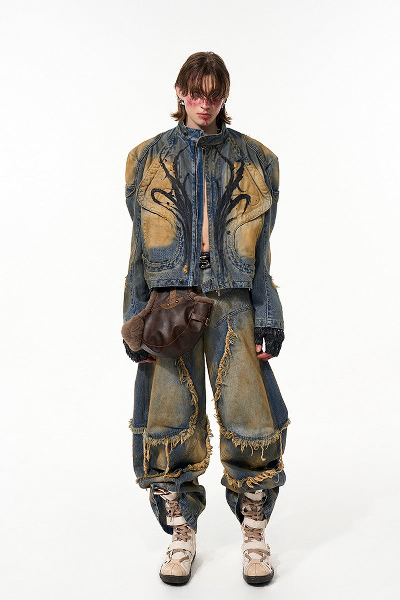 Distressed Hand-Painted Structured Denim