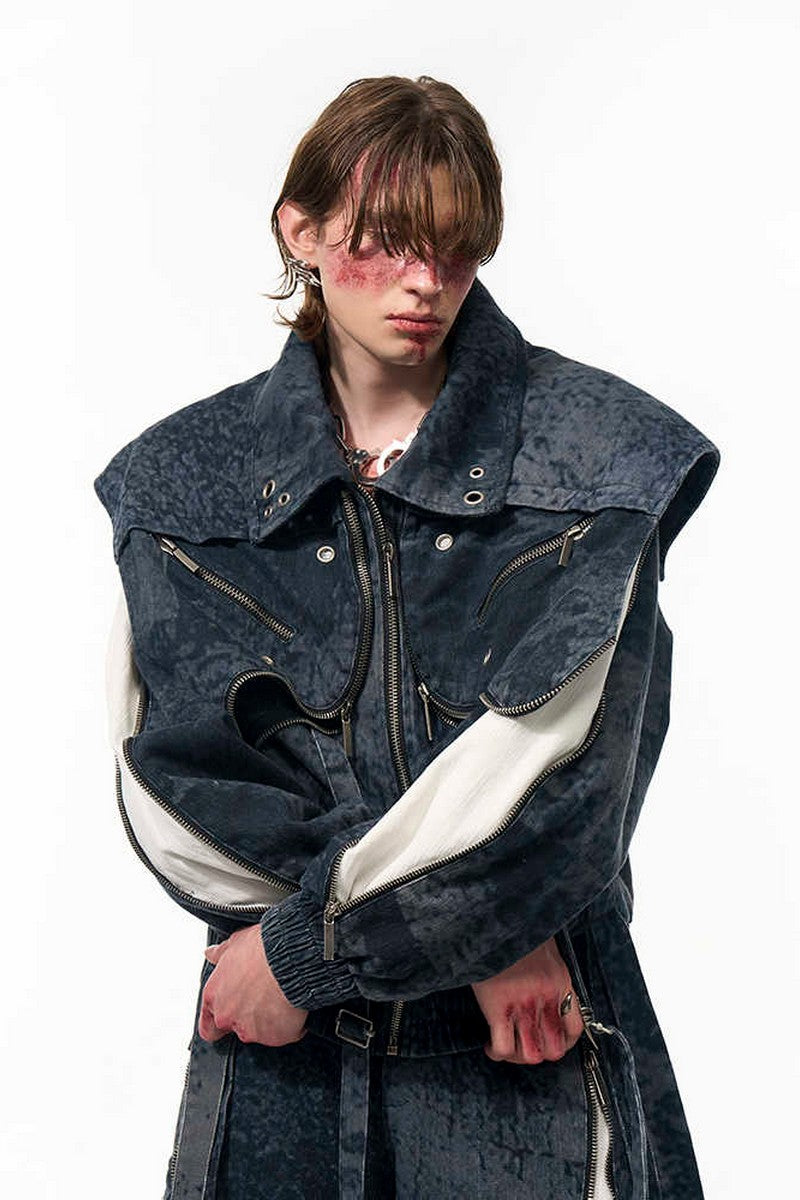 Zipper Patchwork Double Layer Denim Jacket