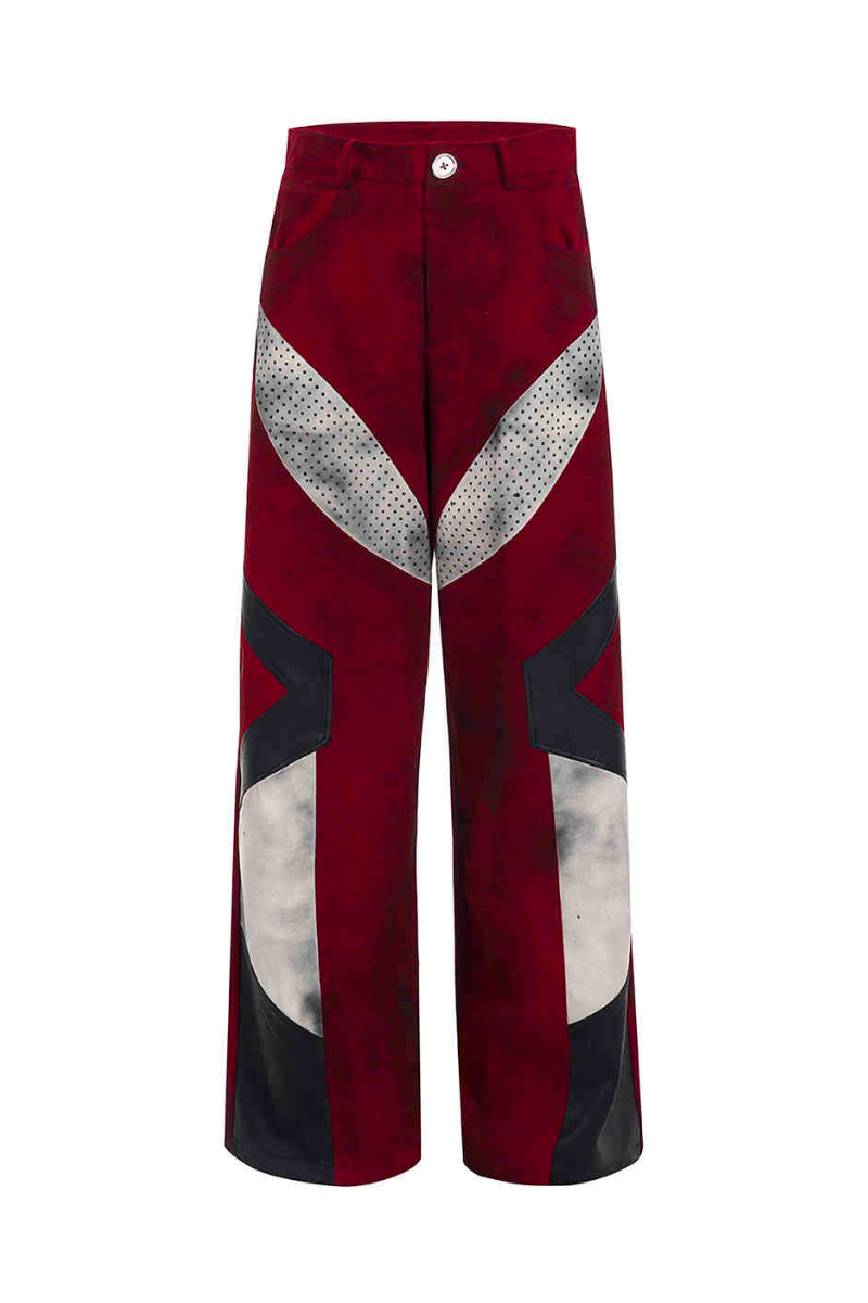 Red Distressed Patchwork Strap Denim