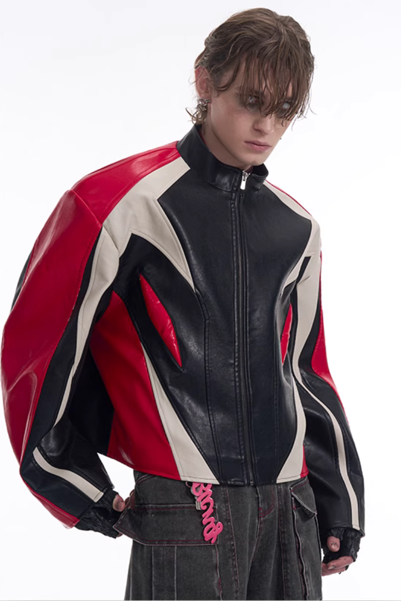 Cropped Stand Collar Patchwork Leather Jacket