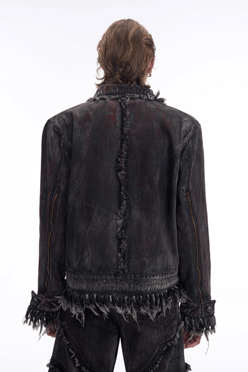 Heavyweight Distressed Frayed Patchwork Denim Jacket