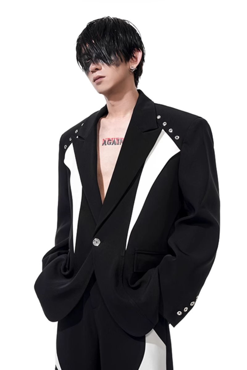 Structured Padded Shoulder Patchwork Blazer