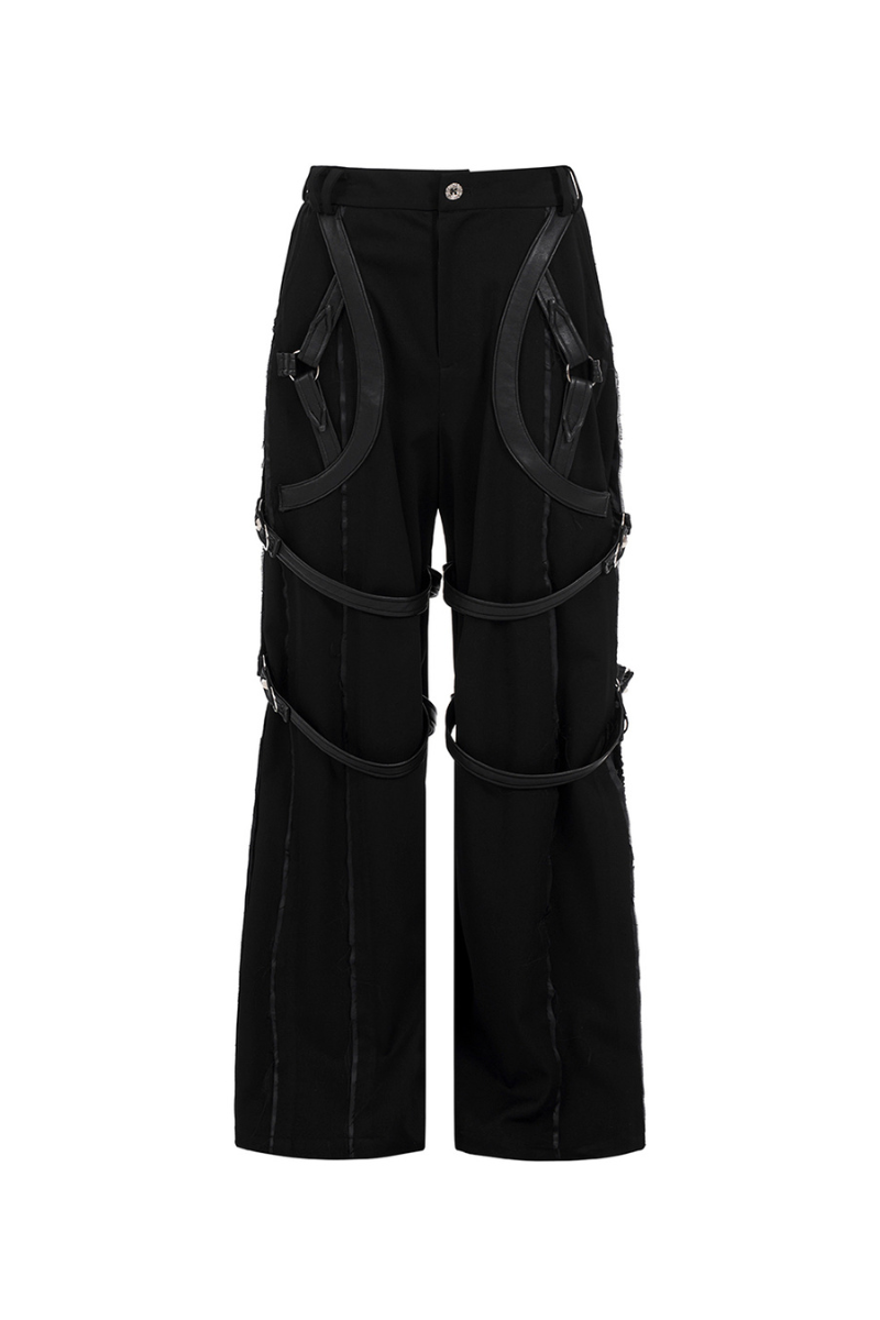 PU Strap Flared Wide-Leg Pants