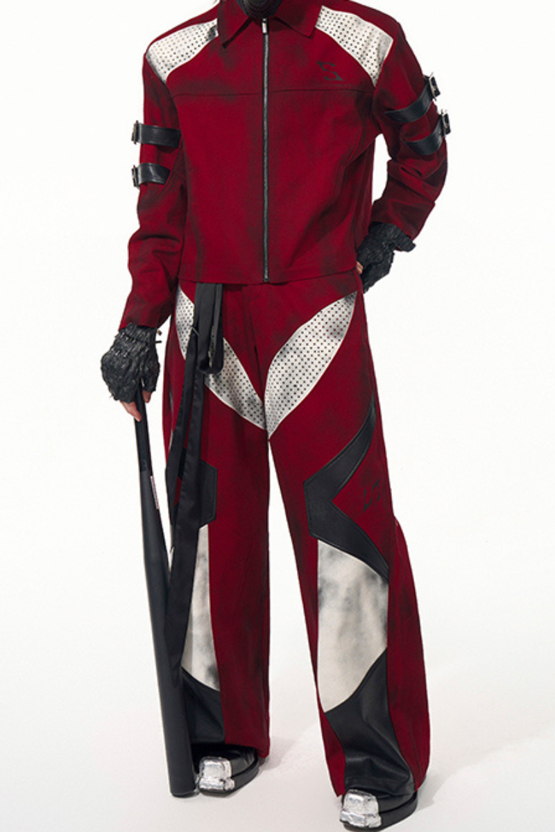 Red Distressed Patchwork Strap Denim