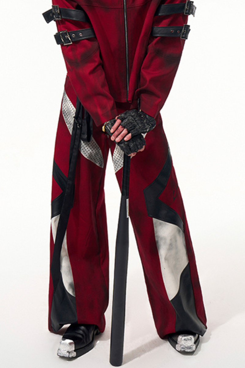 Red Distressed Patchwork Strap Denim