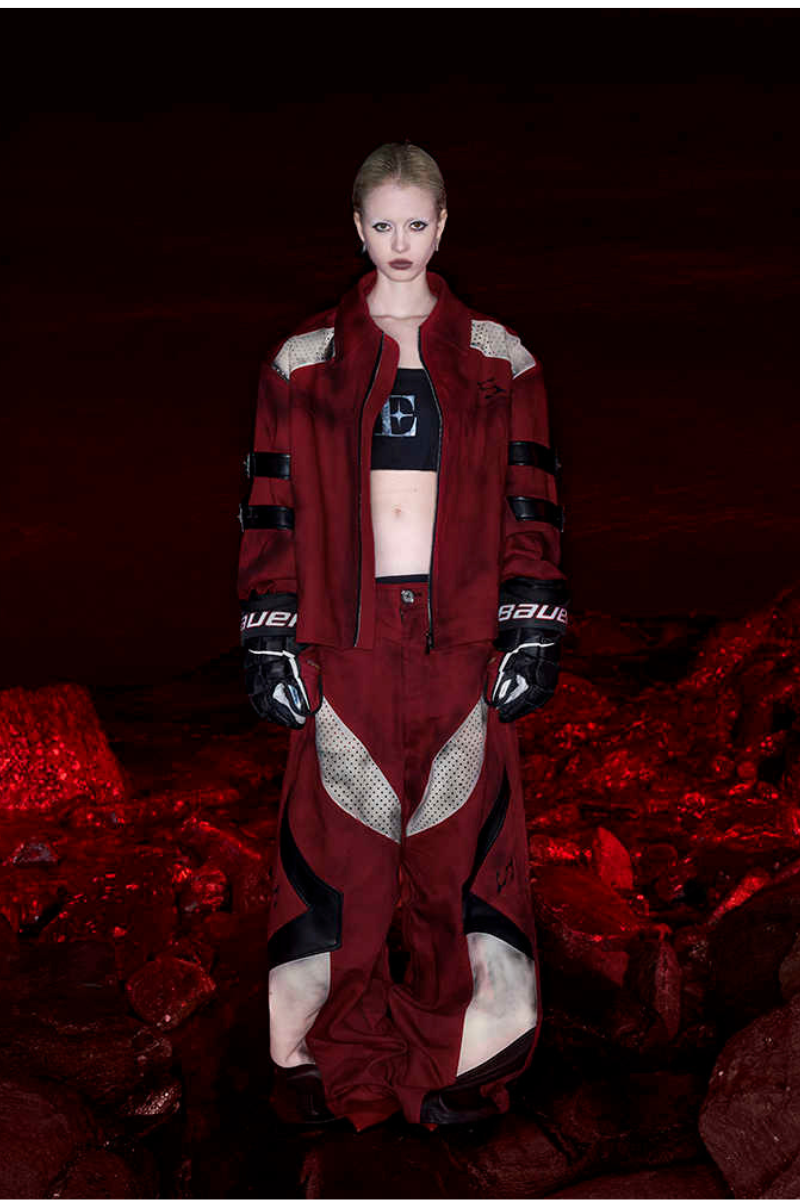 Red Distressed Patchwork Strap Denim