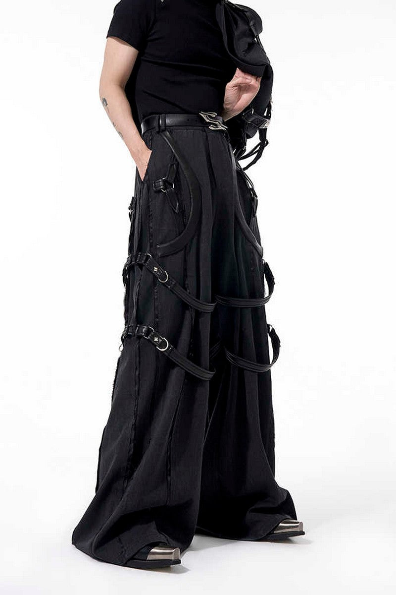 PU Strap Flared Wide-Leg Pants