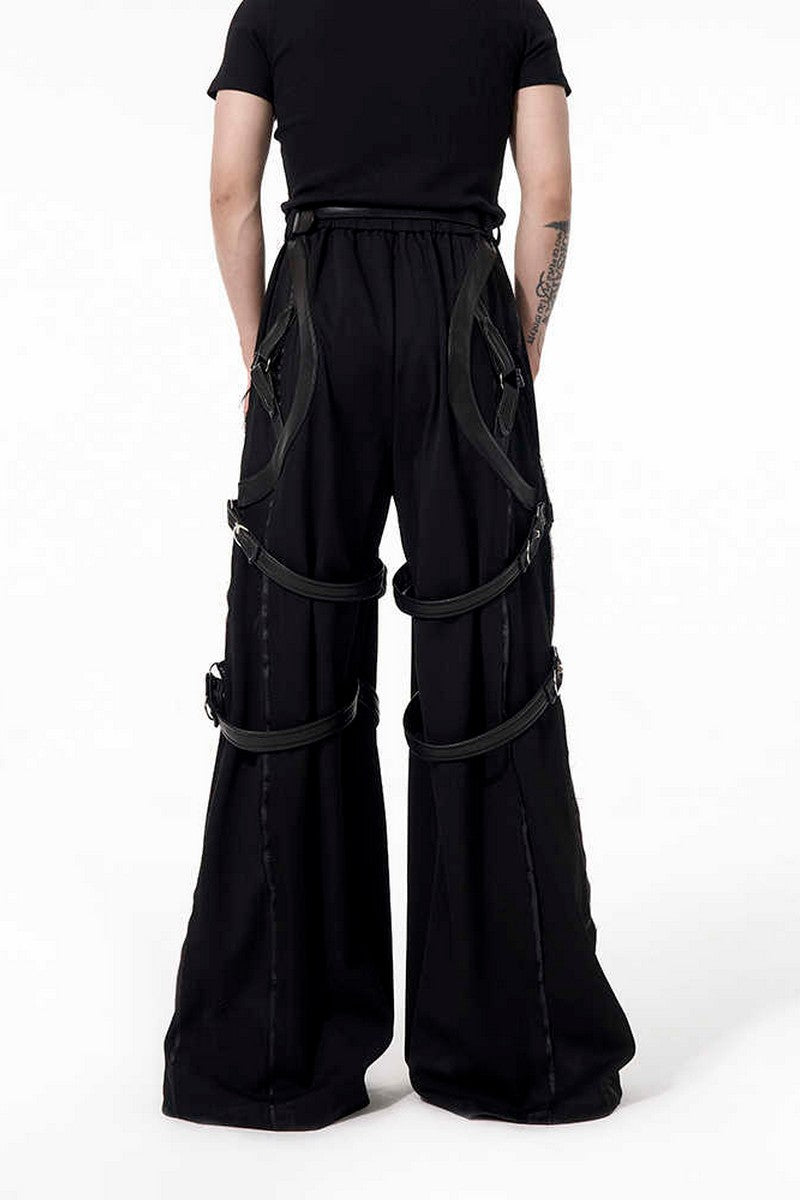PU Strap Flared Wide-Leg Pants