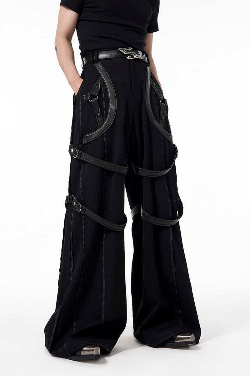 PU Strap Flared Wide-Leg Pants