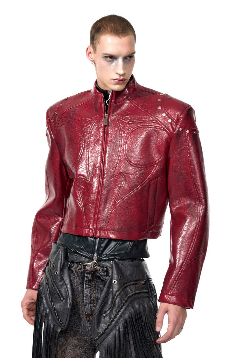 Cropped Stand Collar Leather Jacket