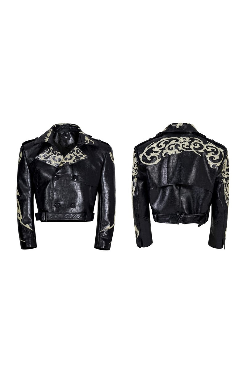 Dragon Sequin Cropped Biker Jacket