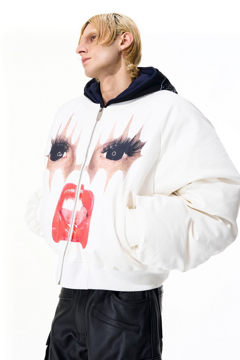 Lips Print Padded Bomber