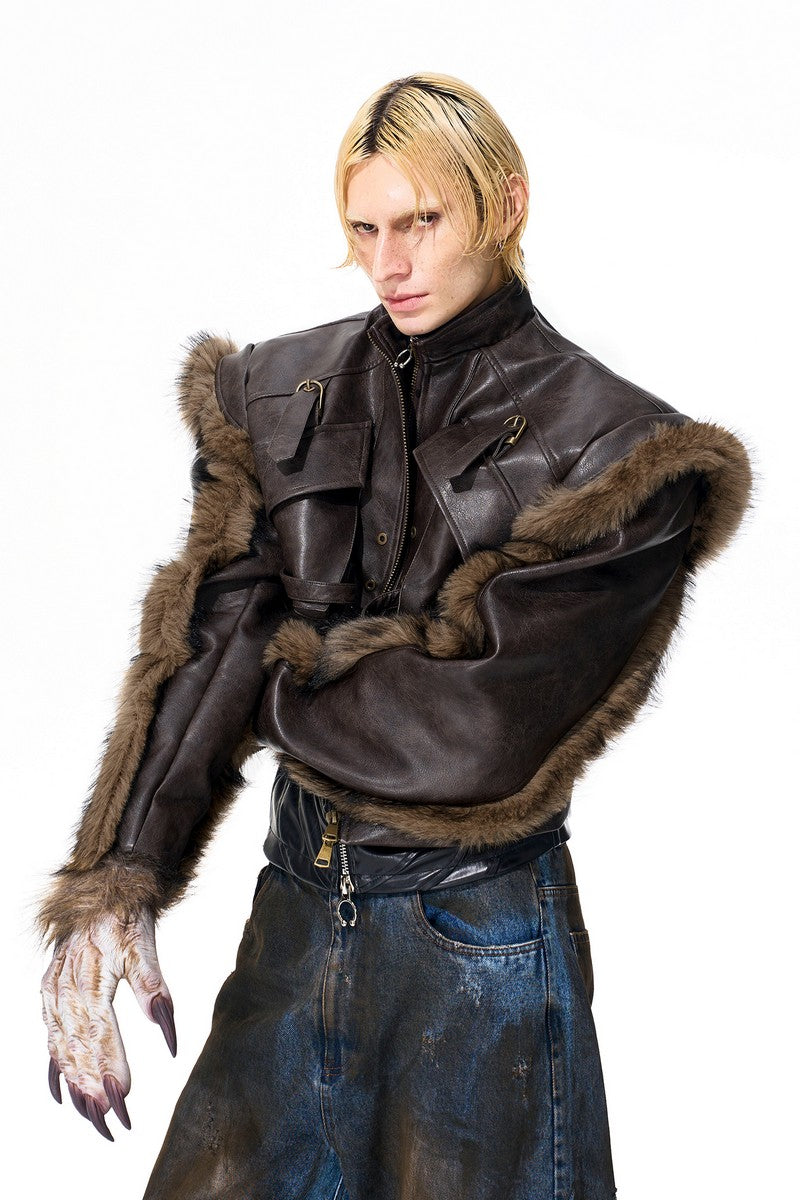Vintage Finish Faux Fur Leather Jacket