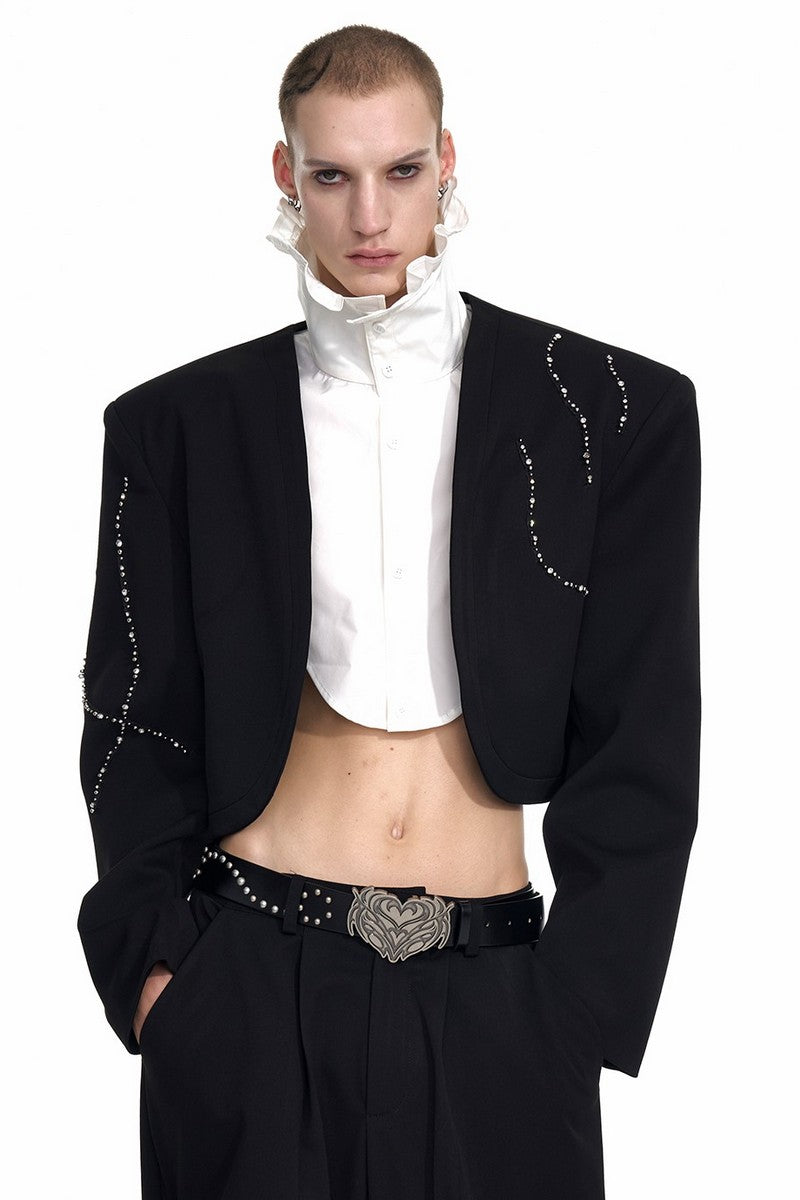 Rhinestone Cropped Collarless Blazer