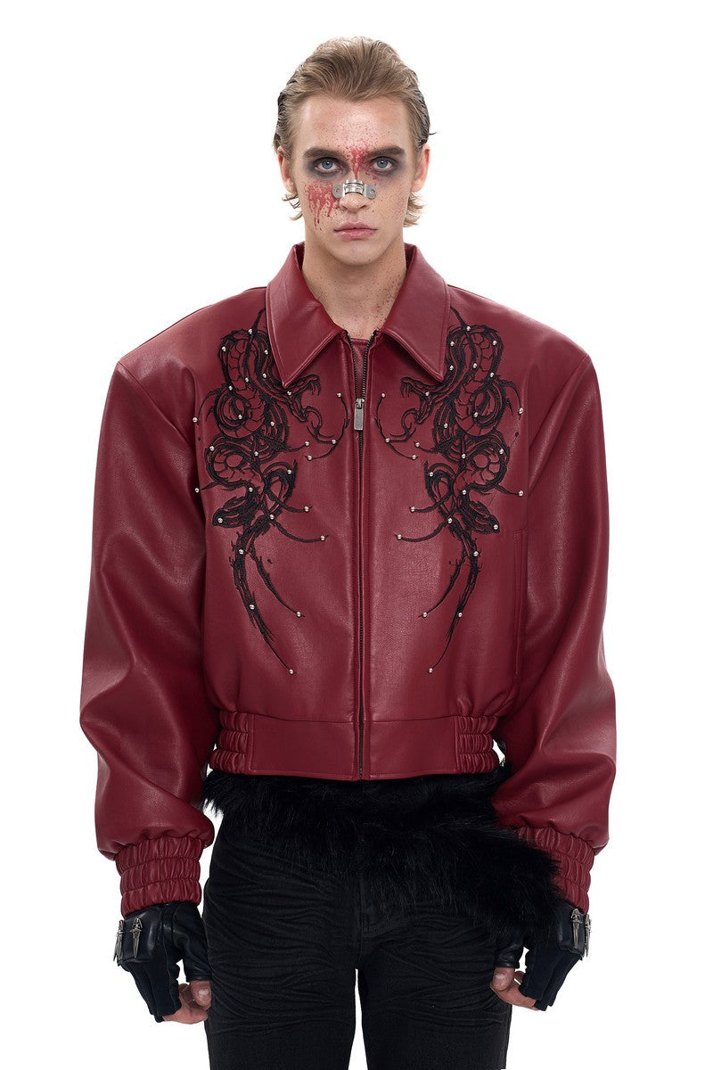 Embroidered Beaded Cropped Leather Jacket