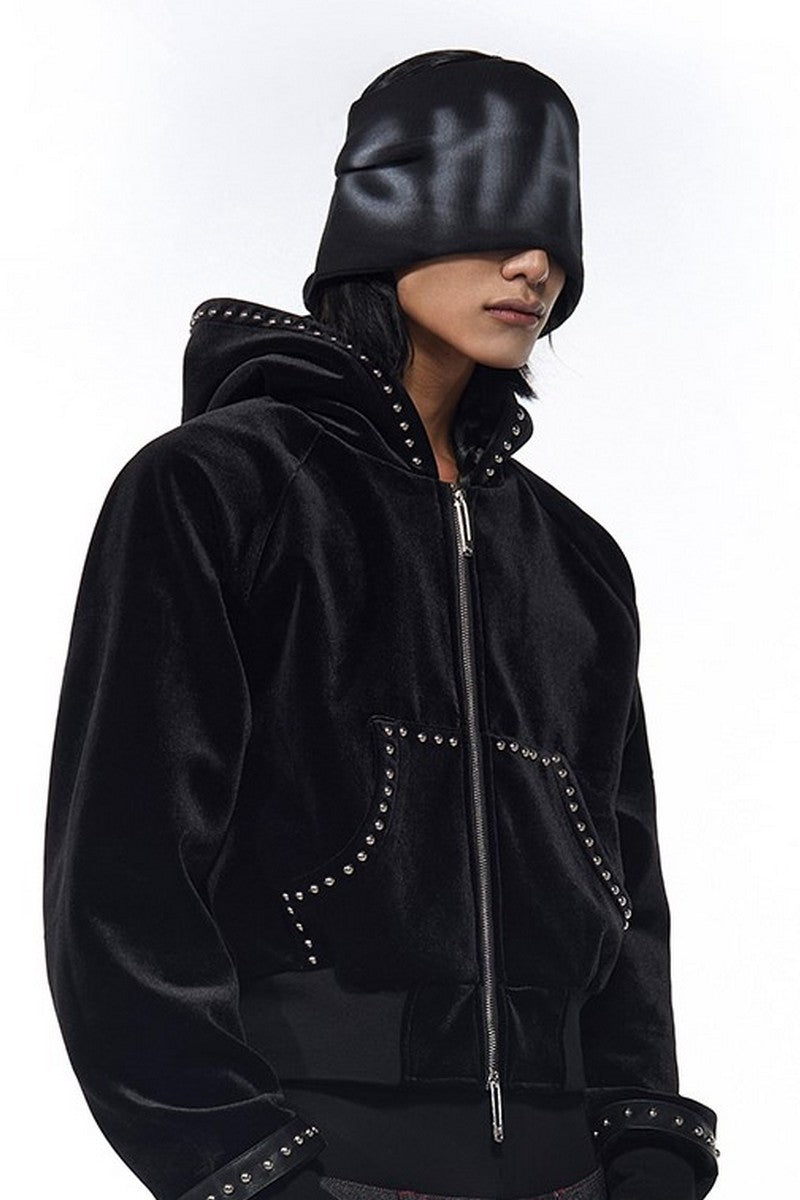 Velvet Beaded Zip-Up Hoodie