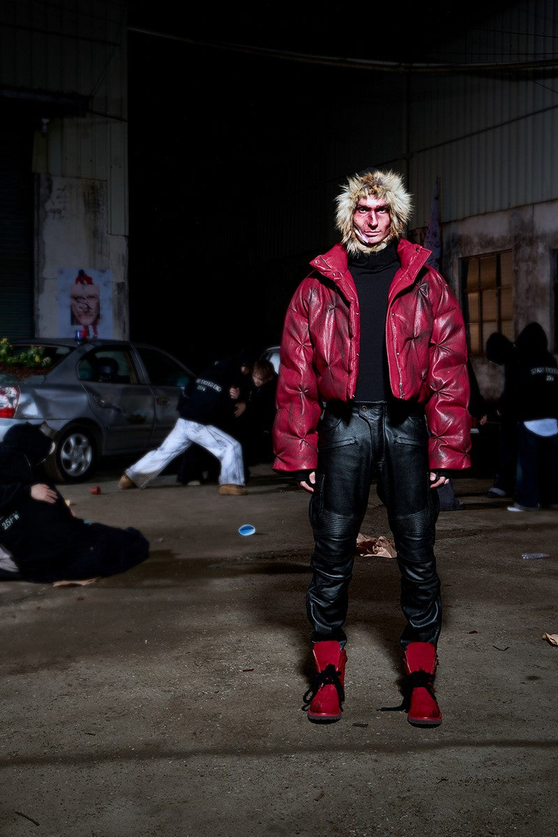 Distressed PU Puffer Jacket