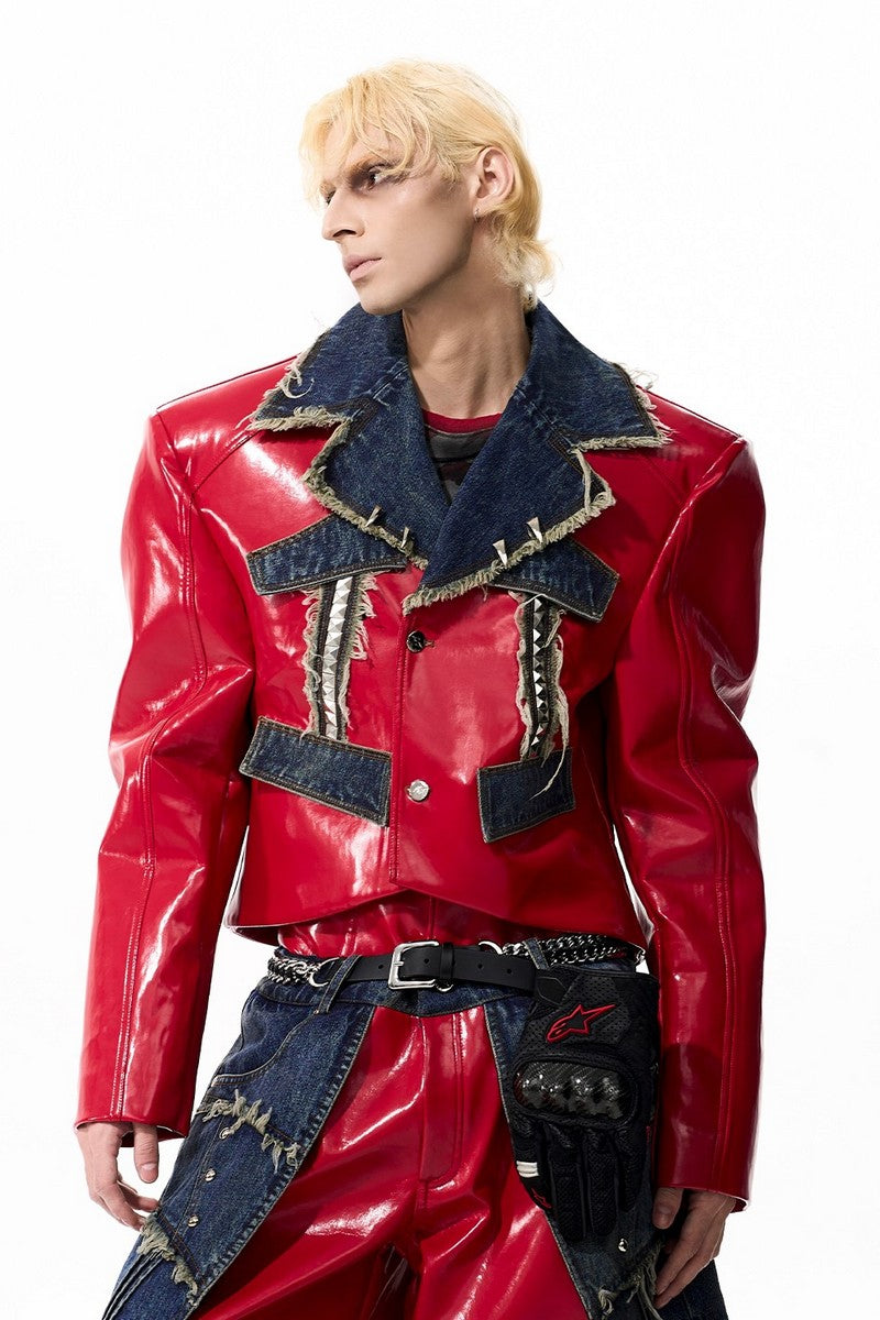 Studded Red Denim Panel Leather Jacket