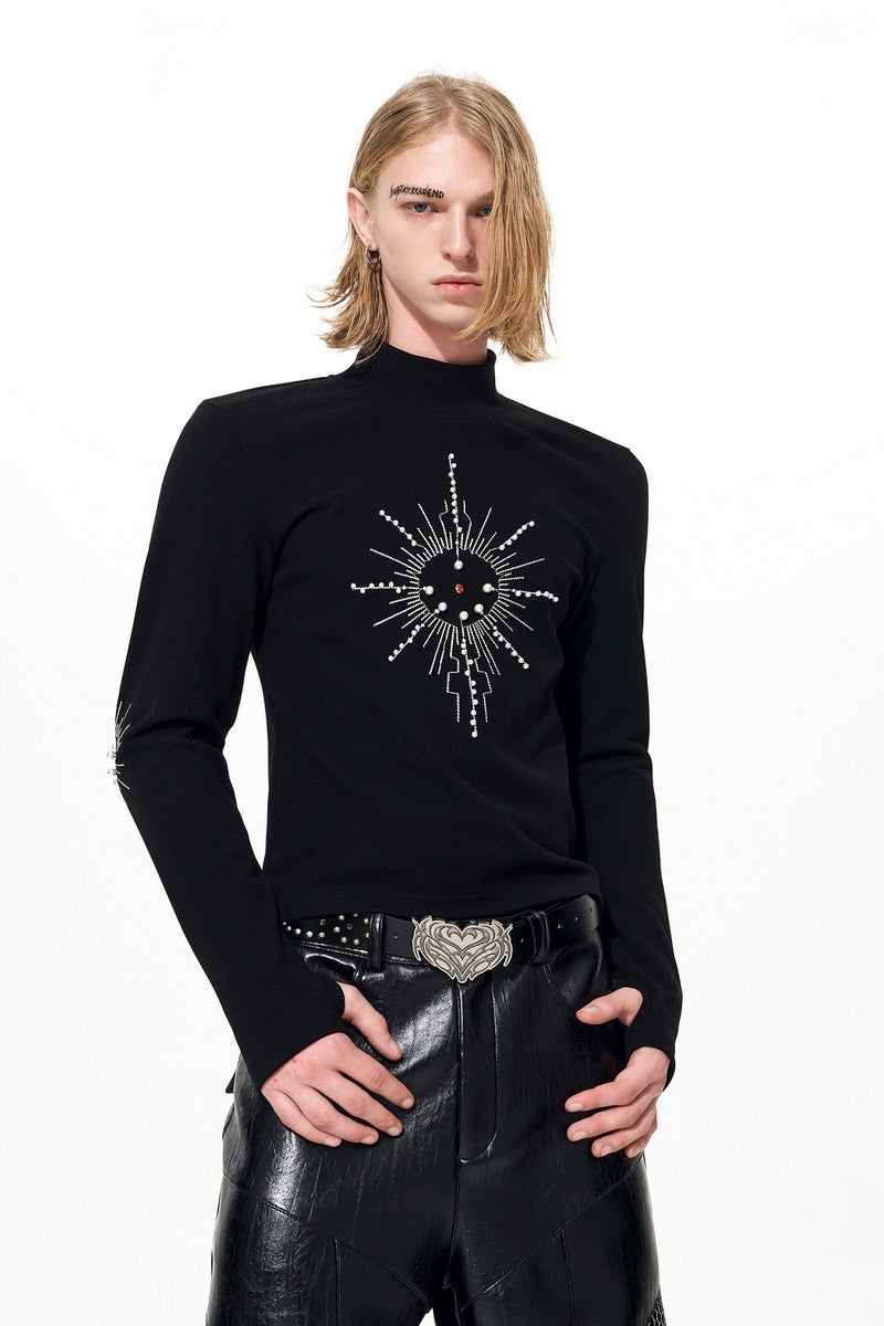 Embroidered Pearl Mock Neck Tee