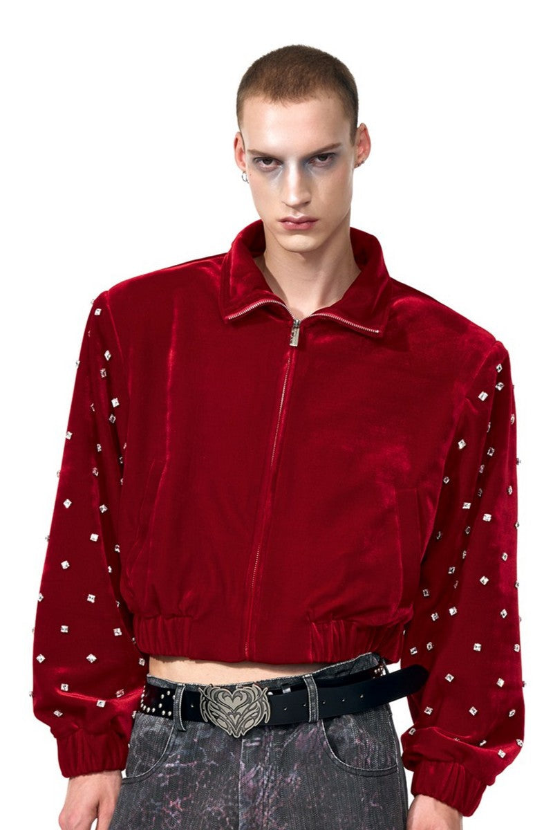 Velvet Stand Collar Rhinestone Jacket