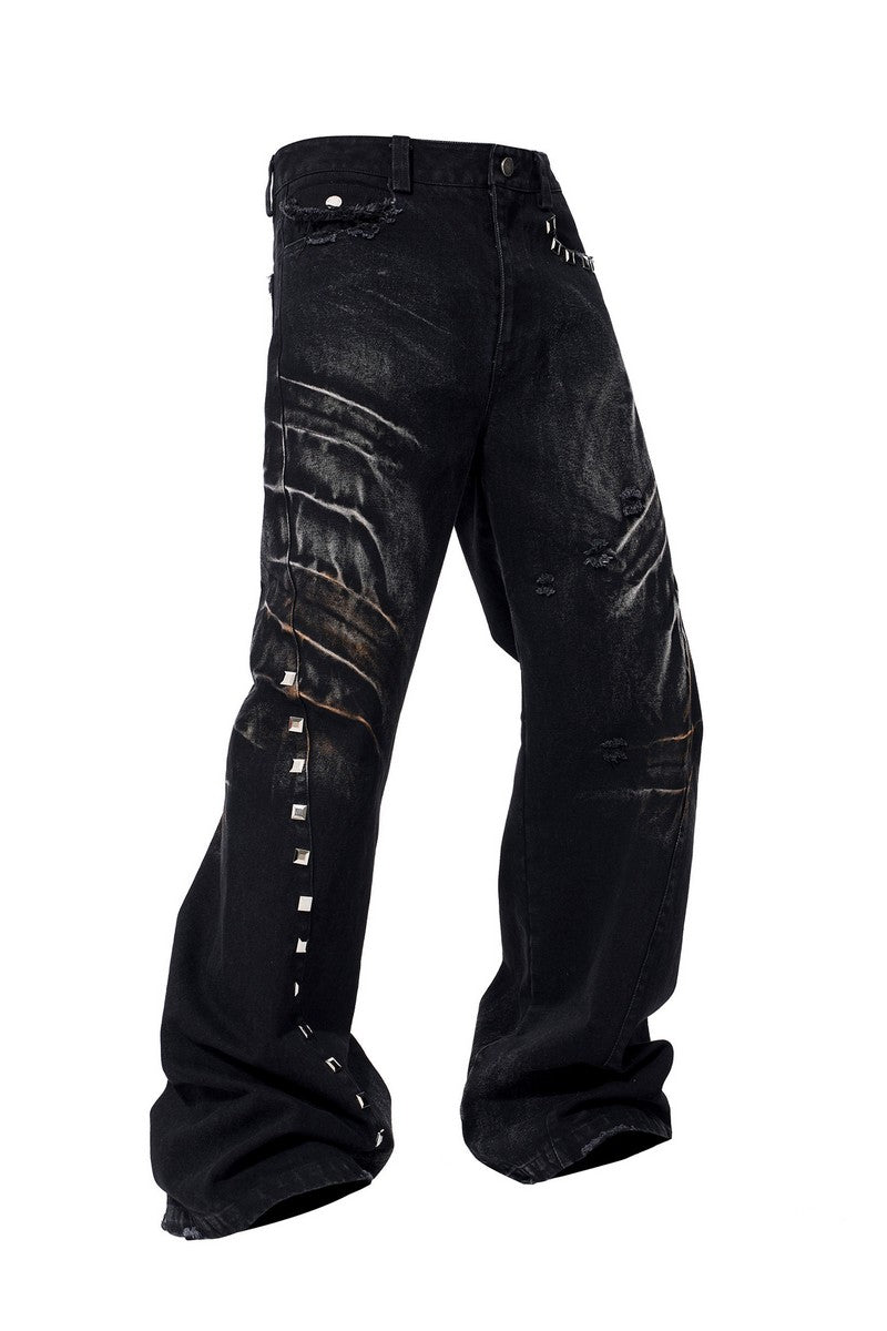 Washed Whisker Studded Wide Jeans
