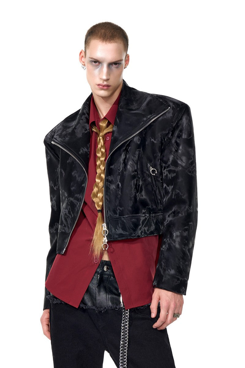Portrait Print Cropped Biker Jacket