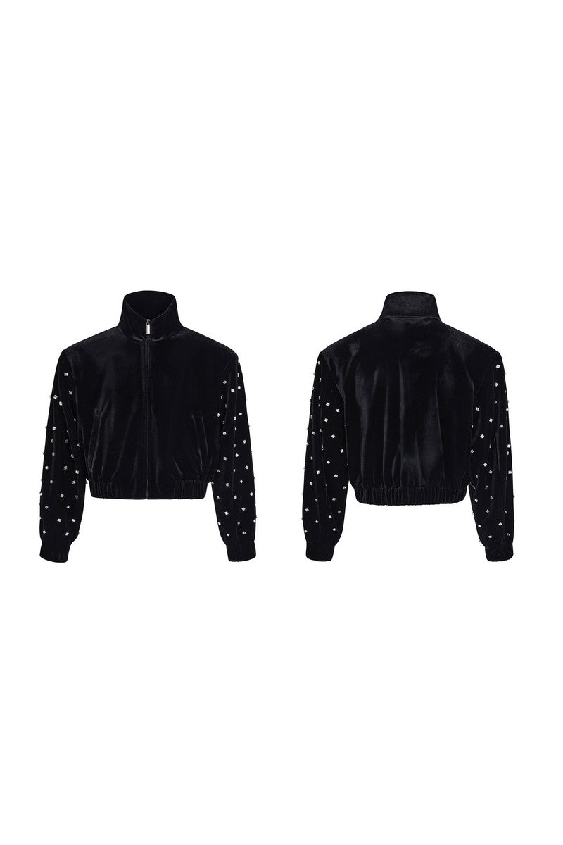 Velvet Stand Collar Rhinestone Jacket