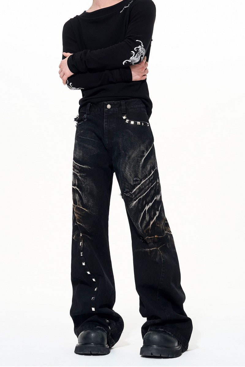 Washed Whisker Studded Wide Jeans