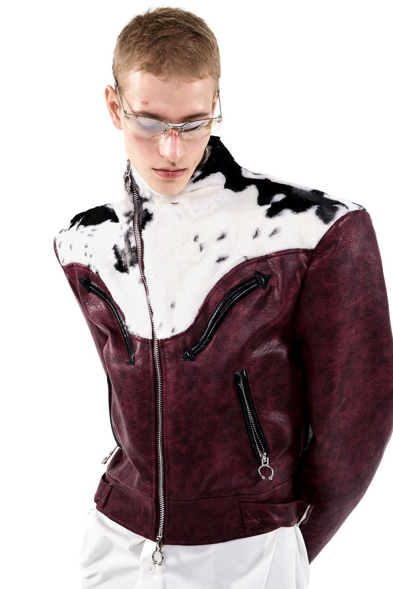 Cow Print Faux Fur Biker Jacket