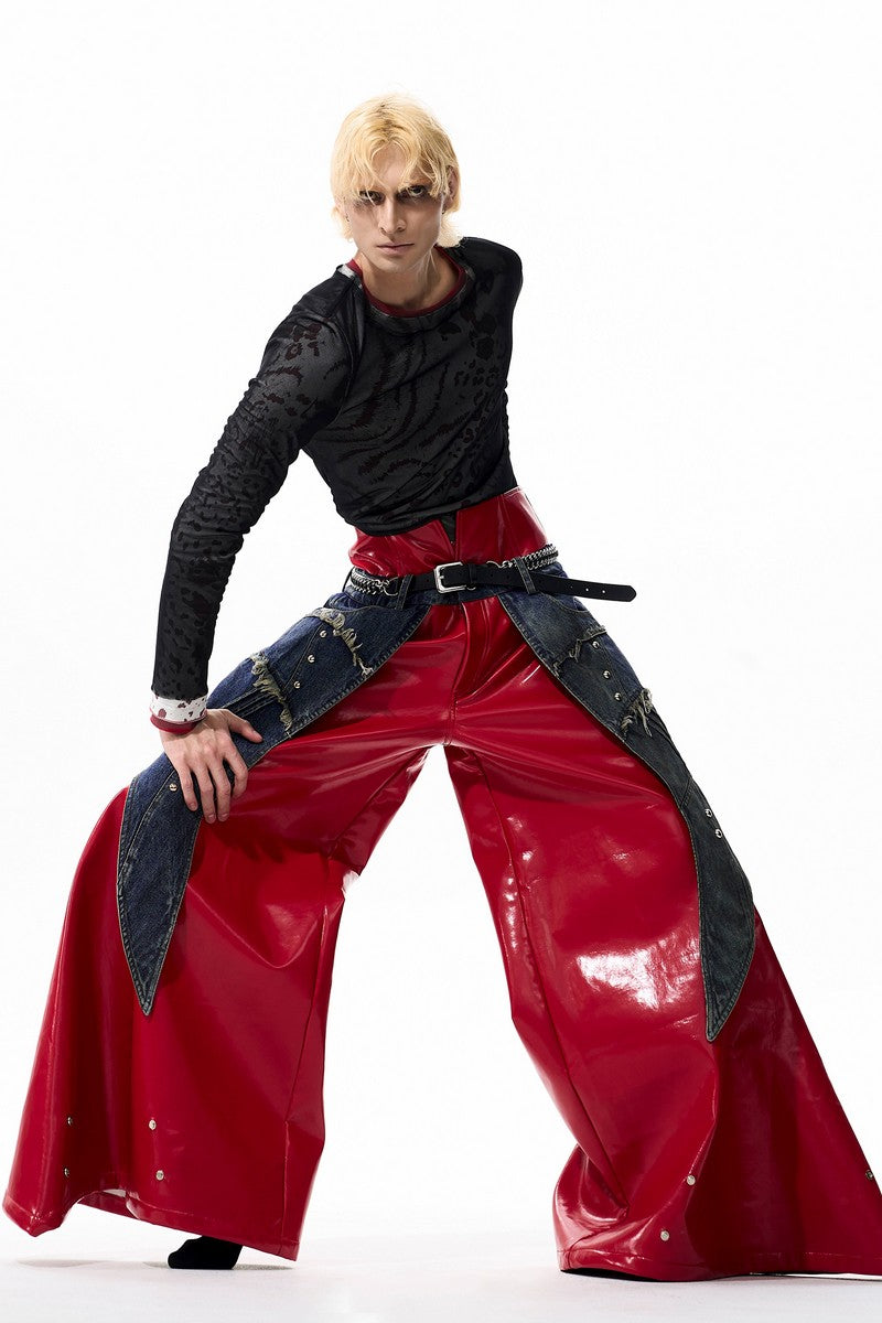 Studded Red Denim Panel Leather Pants