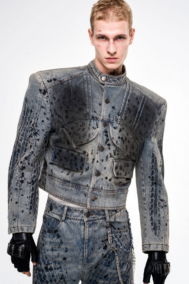 Tire Print Padded Denim Jacket