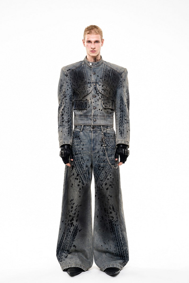 Tire Print Padded Denim Jacket