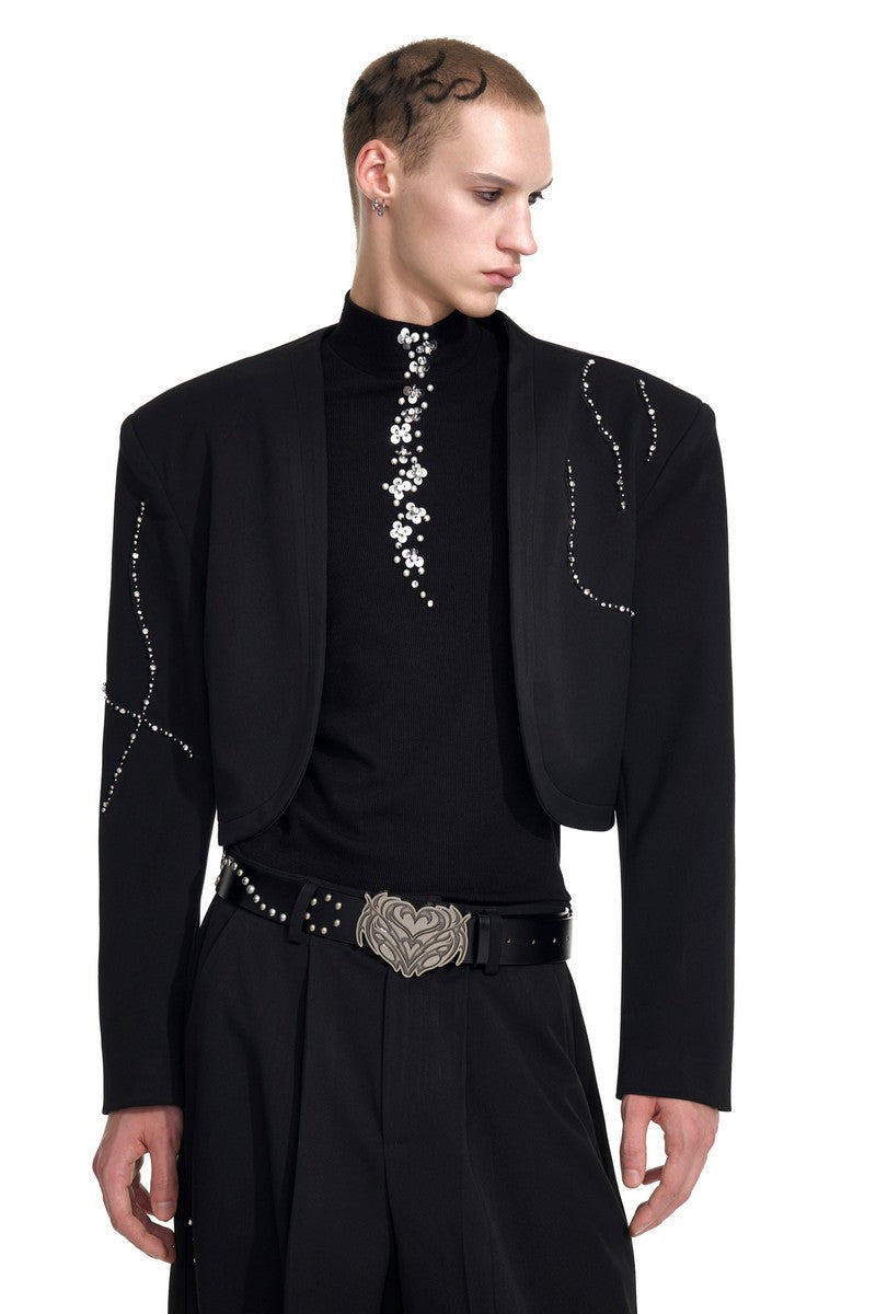 Rhinestone Cropped Collarless Blazer