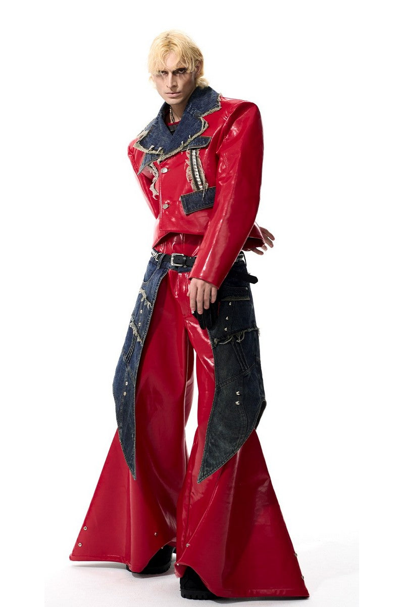 Studded Red Denim Panel Leather Pants