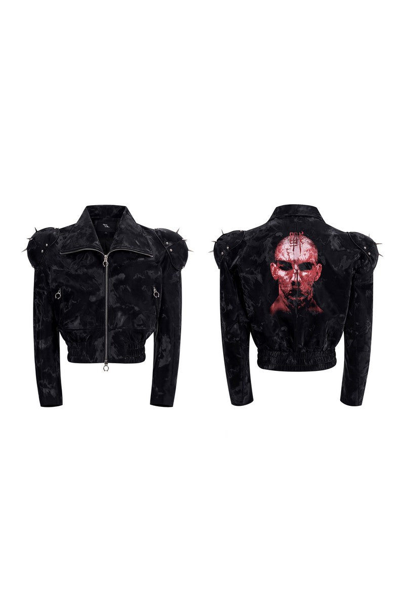 Portrait Print Cropped Biker Jacket