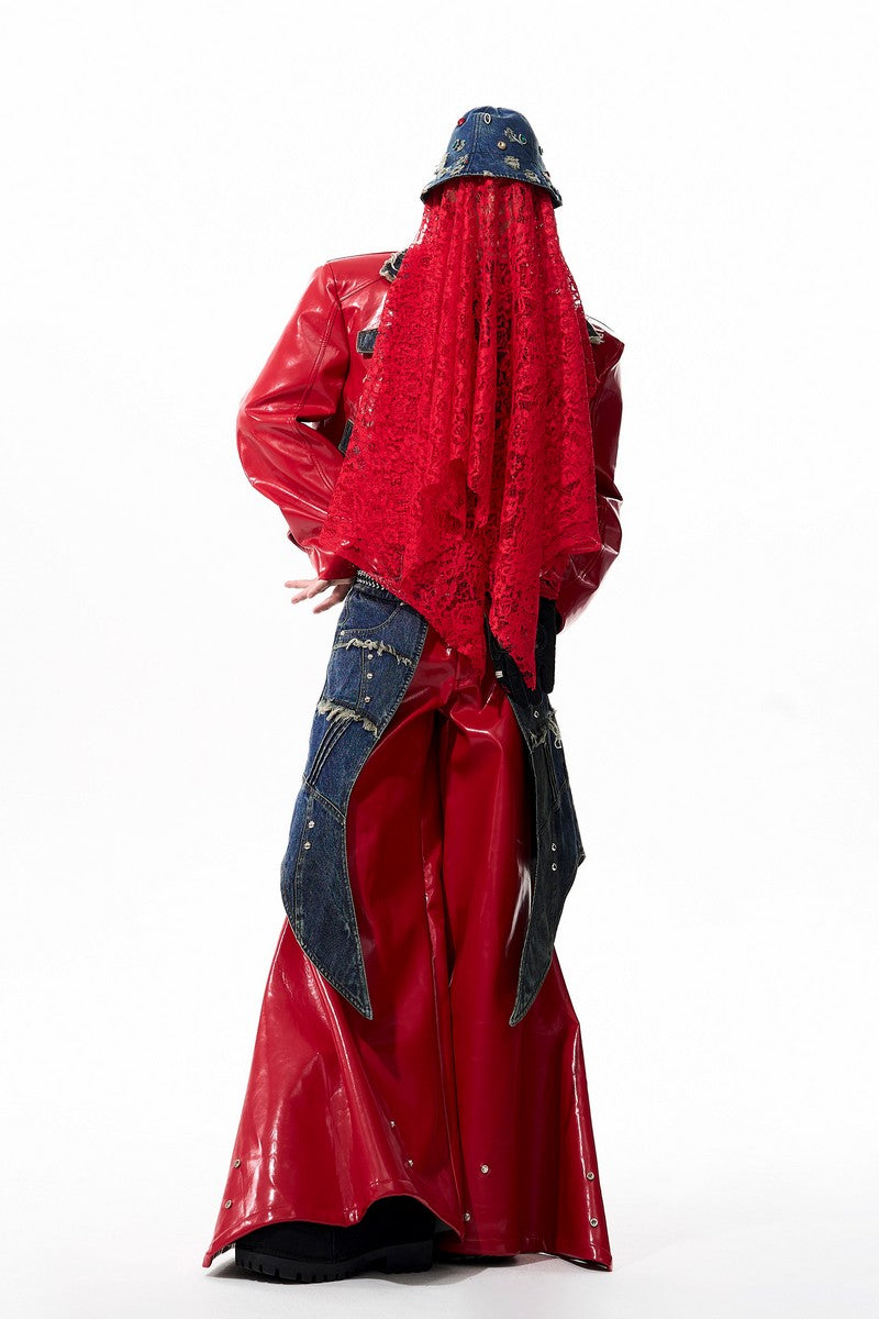 Studded Red Denim Panel Leather Jacket