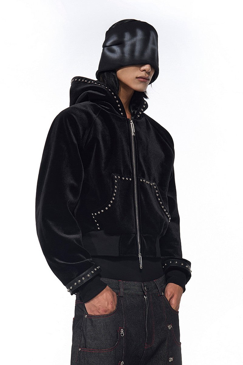 Velvet Beaded Zip-Up Hoodie