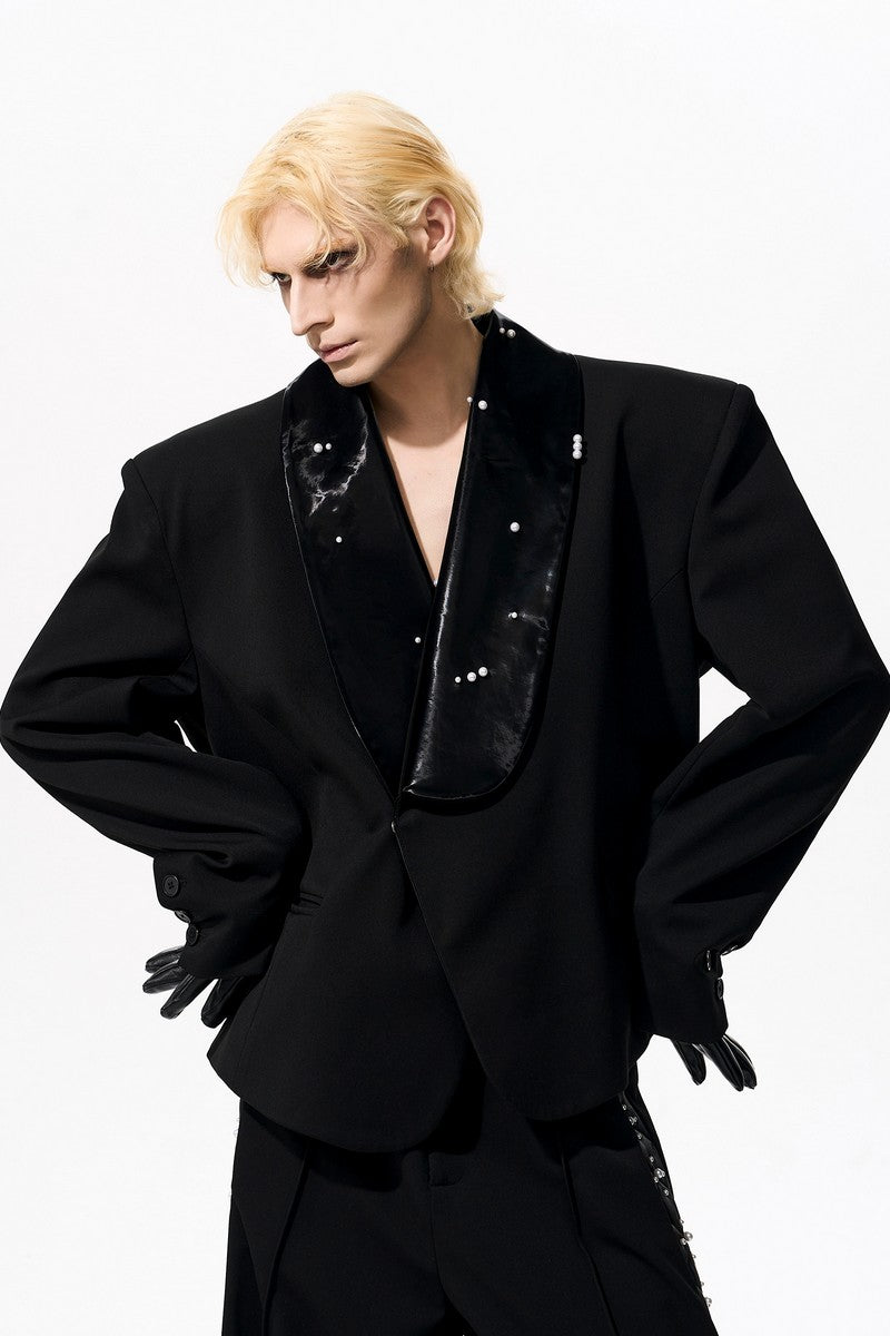 Pearl Trim PU Leather Blazer